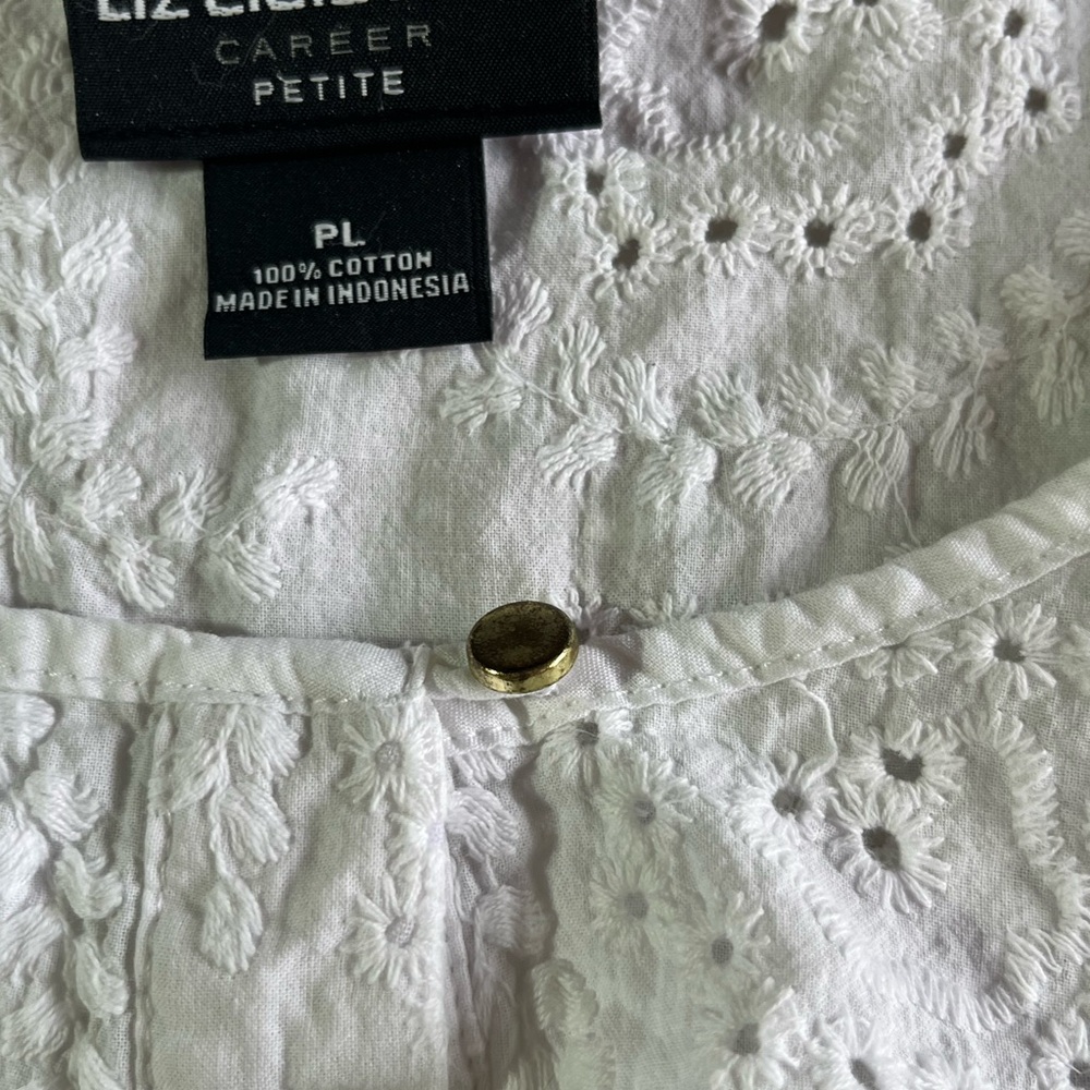 LIZ CLAIBORNE CAREER PETITE CROP TOP WOMEN P/L WHITE EYELET FEMININE DELICATE - Picture 6 of 9